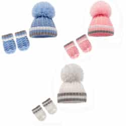 Baby Ribbed Pom Pom Hat And Mittens Set