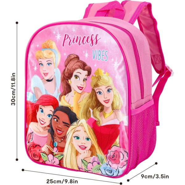 Disney Princess backpack dimensions chart showing 30cm x 28cm x 10cm measurements
